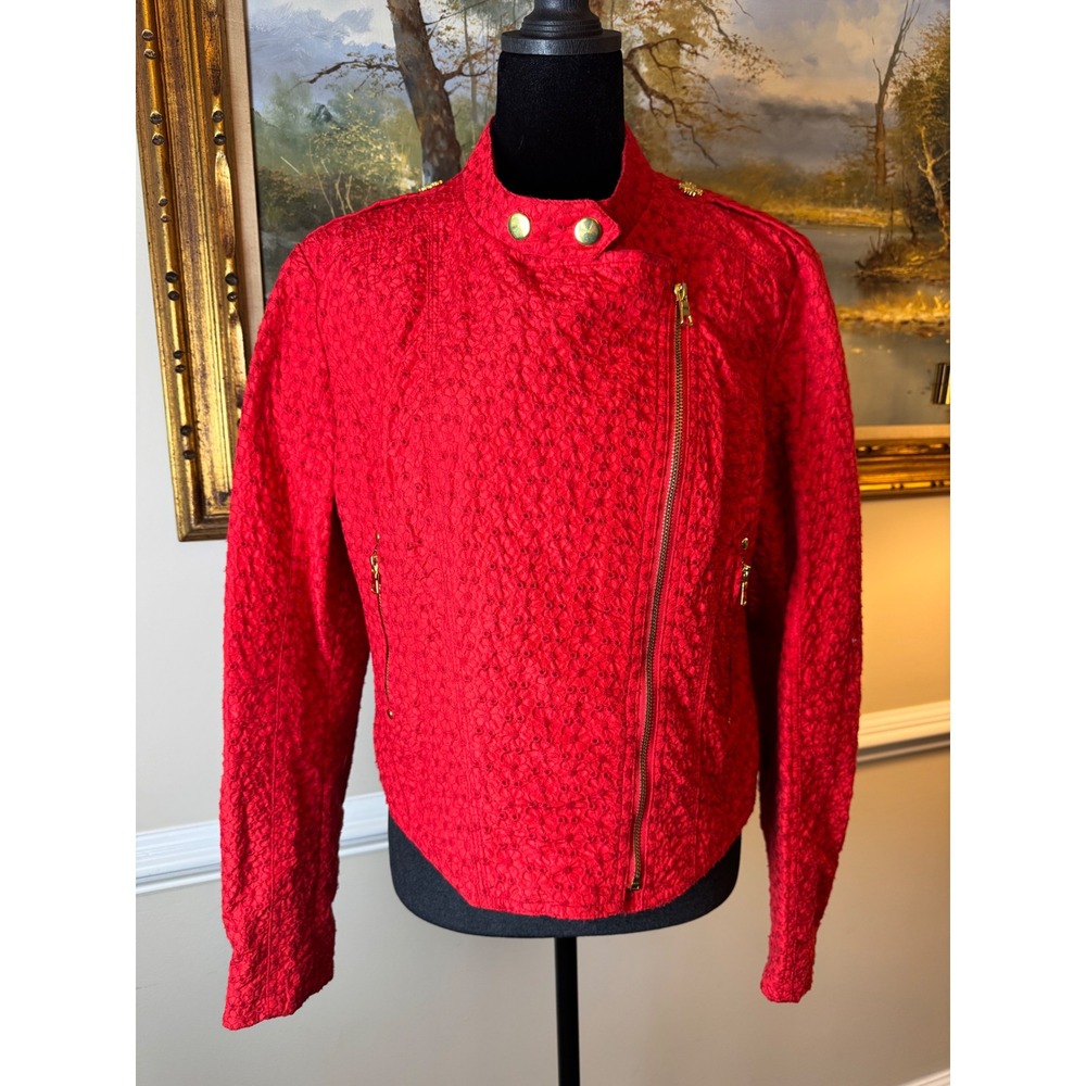 Green W Envy Red Eyelet Moto Jacket Gold Zip Crop Y2K XL Textured Whimsigoth